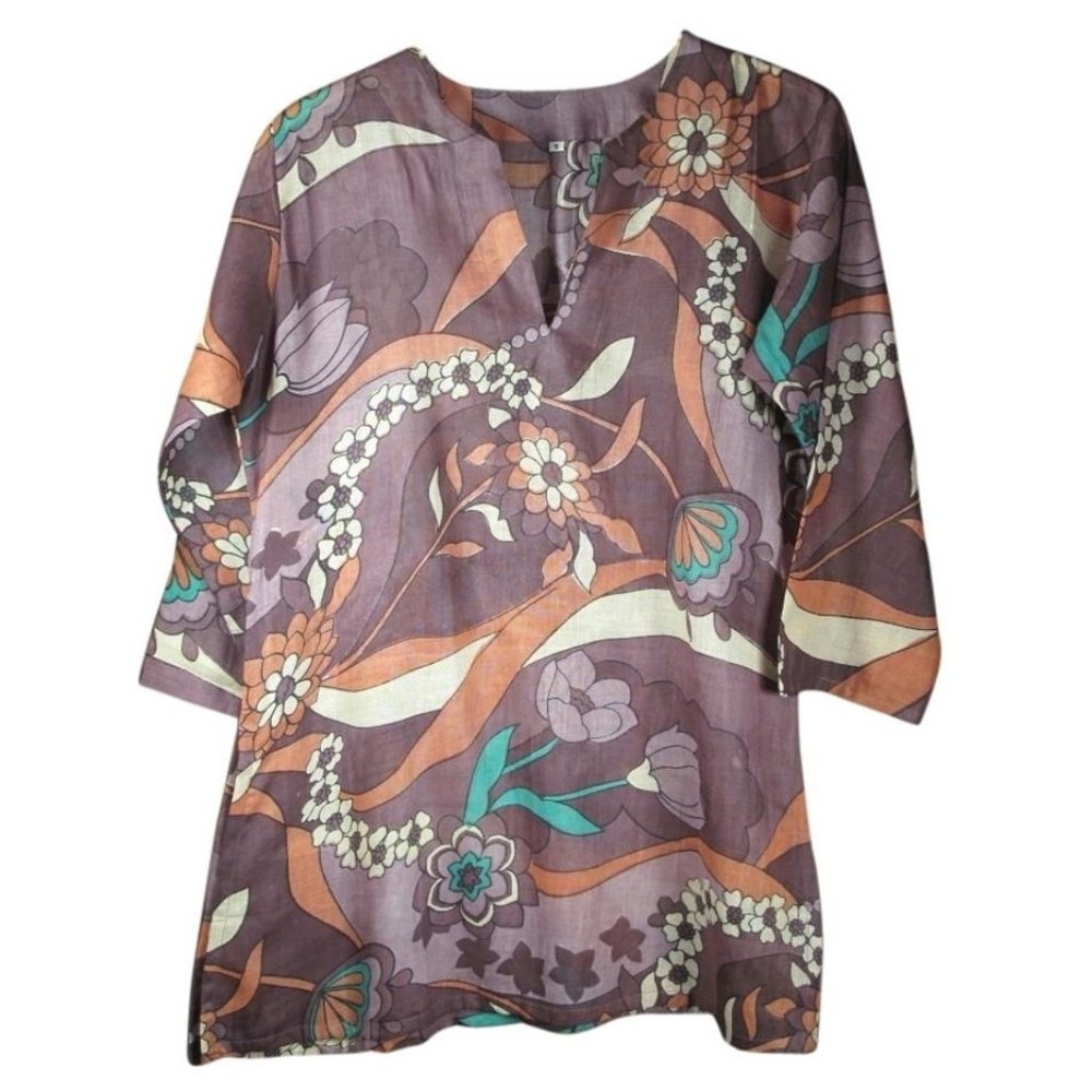 Tory Burch style Violet Floral Print Indian Cotton Tunic